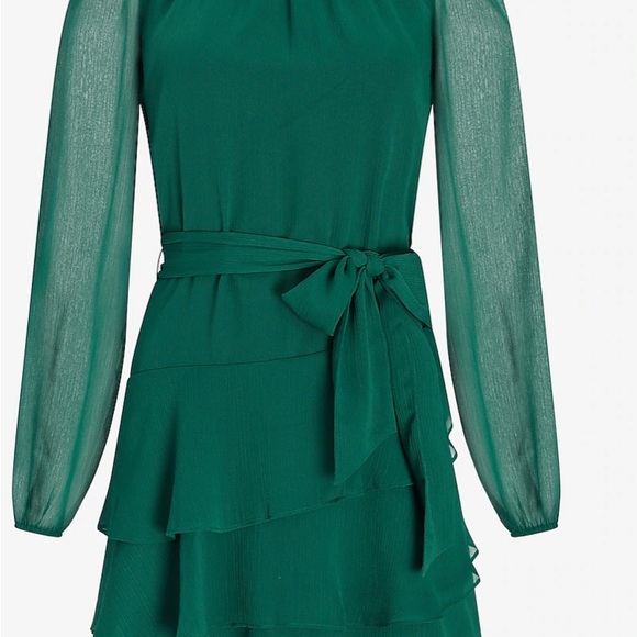 EXPRESS Long Sleeve Tie Waist Tiered Ruffle Fit And Flare Dress Small Green - Picture 3 of 14